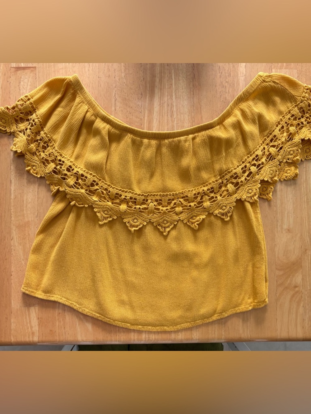 Ambiance Mustard Yellow Off-Shoulder Crochet Trim Crop Top